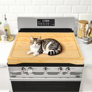 Stove Top Covers for Electric Gas Stove Burners, Bamboo Noodle Board Stove Cover, 30"L X 22"W X 3" Rv Stove Top Cover Cutting Board With Handles And Juice Grooves for Kitchen And Countertop