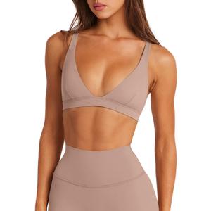 LASLULU Womens Deep V-Neck Sports Bra Padded Wireless U Back Workout Bra Low Impact Gym Workout Yoga Crop Tops (X-Large, Sienna)