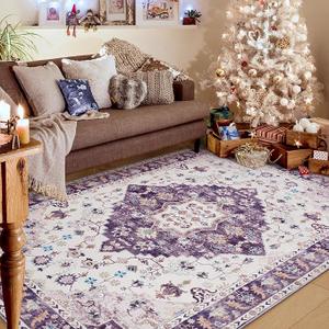 Amearea Vintage Design Area Rugs for Living Room, 6x9 Machine Washable Floral Collection Traditional Bedroom Rug, Low Pile Cute Kids Room Print Carpet, No Slip Office Kitchen Home Decor, Purple