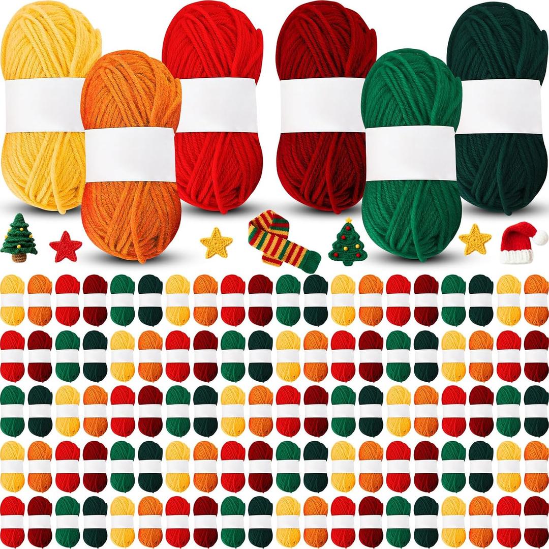 WILLBOND 200 Rolls 25g Assorted Colors Acrylic Yarn Skeins Bulk 8749 Yards Multicolor Crochet Craft Yarn Skeins Acrylic Crochet for Crocheting Knitting Project Adult Kid Beginners(Christmas Colors)