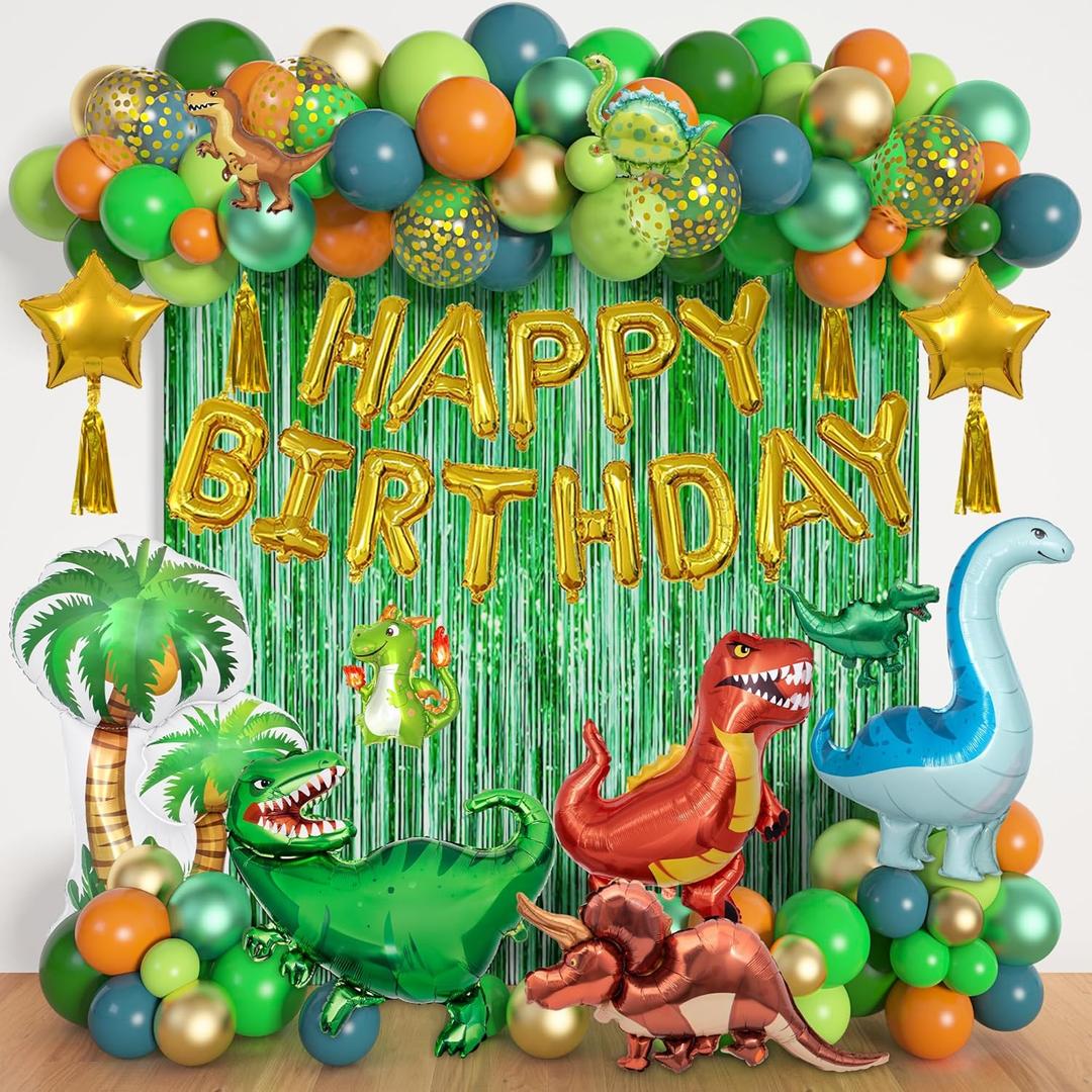 Dinosaur Birthday Party Decorations Supplies, 125Pcs Dinosaur Green Orange Blue Balloons Garland Arch Kit Happy Birthday Dino Foil Balloon Curtain for Kids Boys Dino Jungle Safari Baby Shower Party