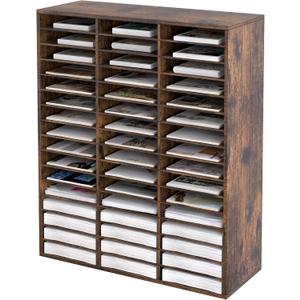 EasyPAG Mail Organizer Countertop, Wood Literature Organizer with Adjustable Shelves, Student Classroom Mailbox for School, Desktop Paper Sorter for Office Home, 48 Compartments, Archaize