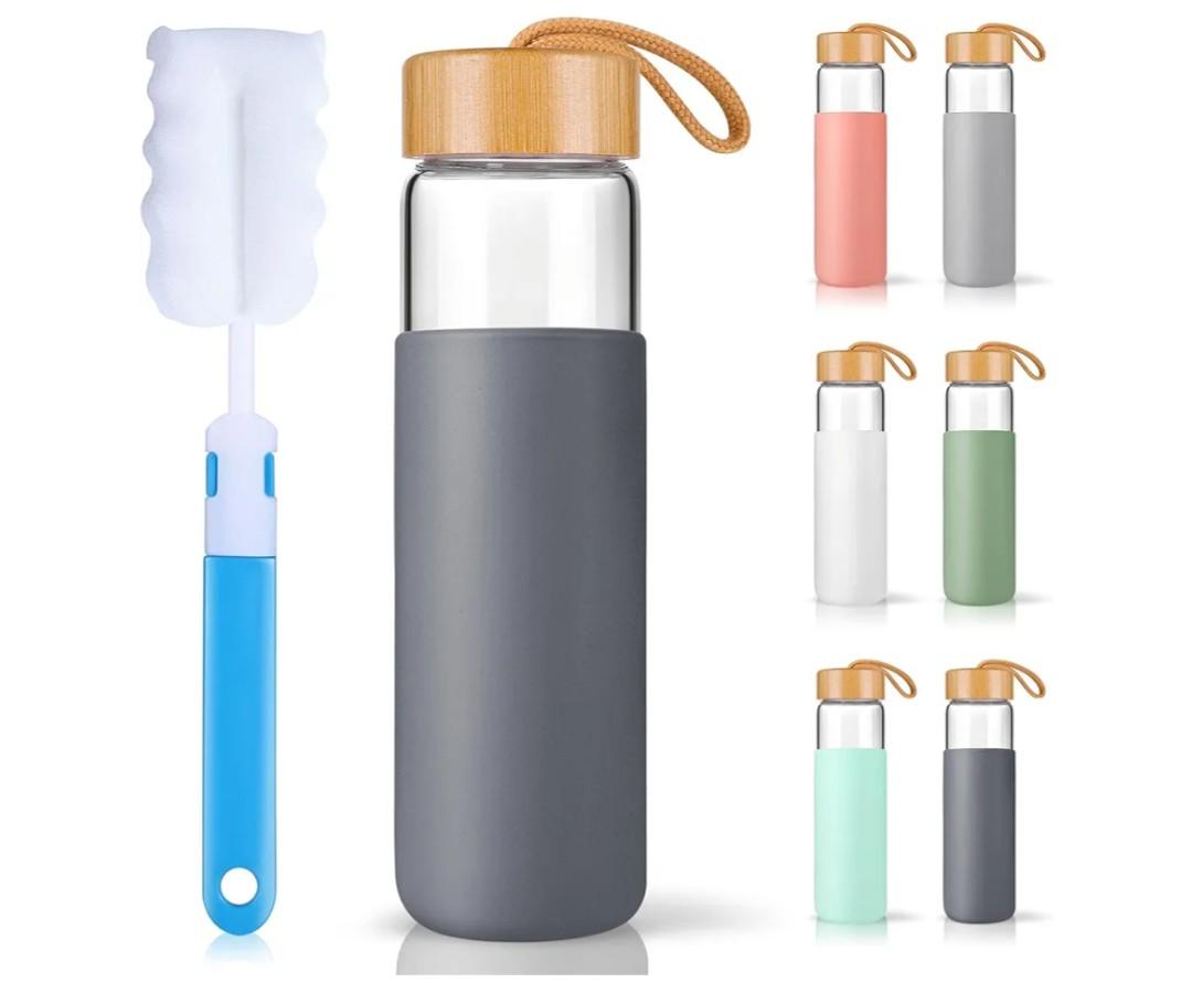 25 Oz Borosilicate Glass Water Bottles with Silicone Sleeve BPA Free, Dishwasher Safe - Reusable Clear Glass Drinking with Leak Proof Bamboo Lid | Perfect Gym Water Bottles for Men & Women