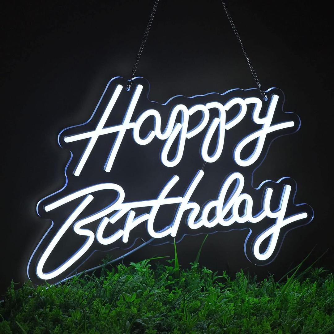Happy Birthday Neon Sign for Wall Decor, with Dimmable Switch, Reusable Neon Light Sign for All Party Decoration(17X12inches,White)