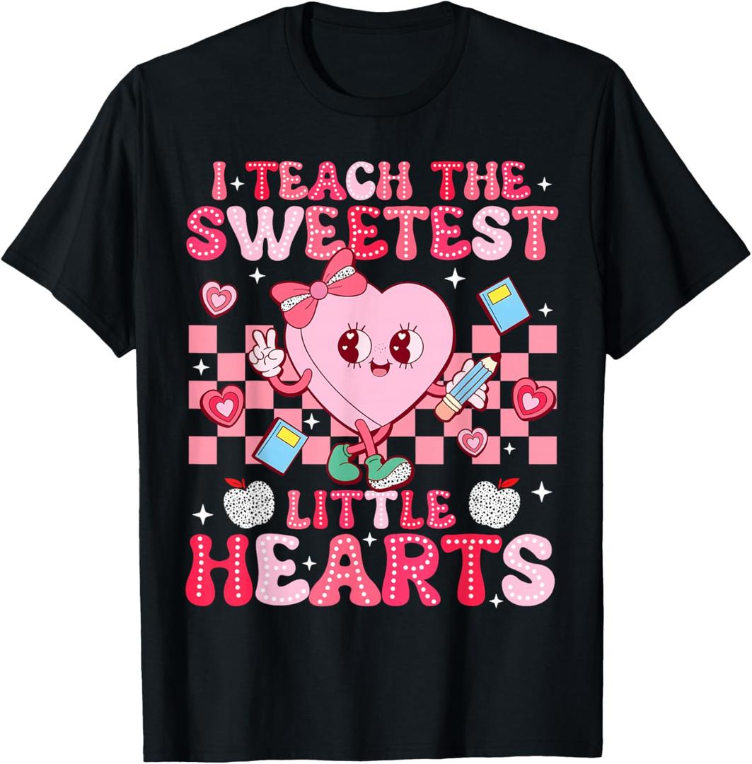 I Teach The Sweetest Little Heart Teacher Valentines Day T-Shirt, Small, Black, Men 