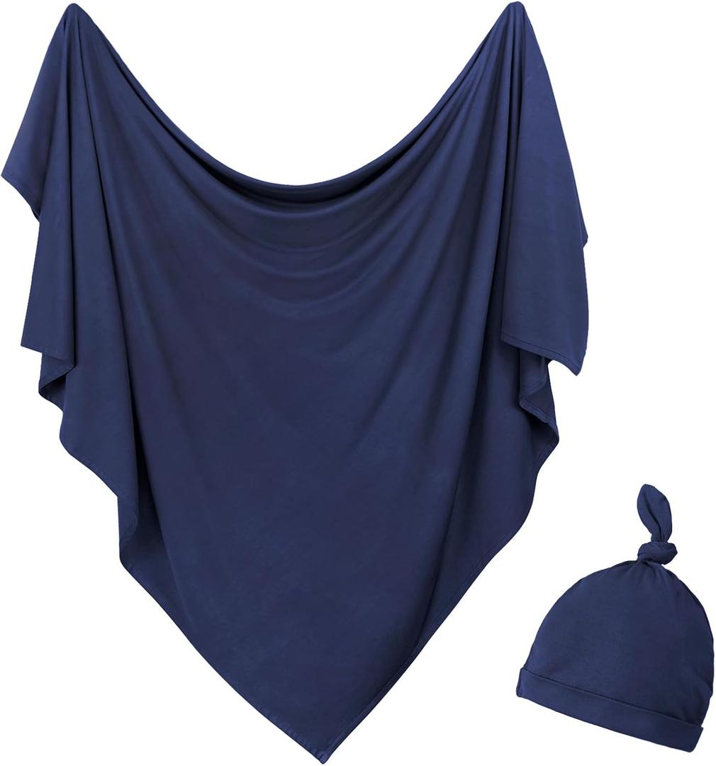 Newborn Swaddle Blanket with Hat Set Baby Swaddle Set Hospital Receiving Blankets for Girls Boys(Navy,35"*35")