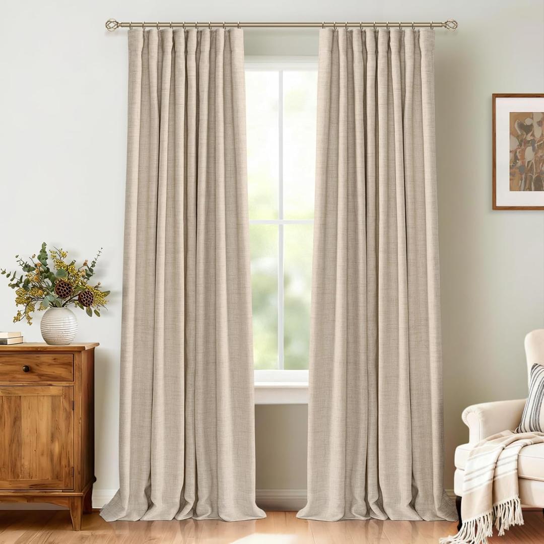 100% Blackout Shield Full Blackout Curtains for Bedroom 102 inch Length 2 Panels Set, Clip Rings/Rod Pocket Faux Linen Black Out Curtains for Living Room, Thermal Insulated, 50Wx102L, Oatmeal