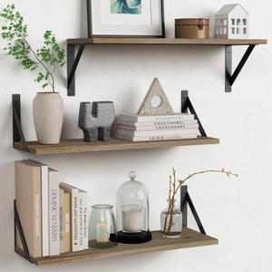 Forbena Wood Floating Shelves for Wall 24 inches Long, Large Bathroom Wall Shelves Set of 3, Wall Mounted Storage Shelf for Bathroom Bedroom Living Room Kitchen Closet (Natural Wood)