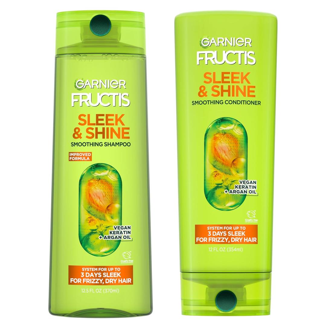 Garnier Fructis Sleek & Shine Shampoo (22 Fl Oz) + Conditioner (21 Fl Oz) Set for Frizzy, Dry Hair, Plant Keratin + Argan Oil (2 Items), 1 Kit 
