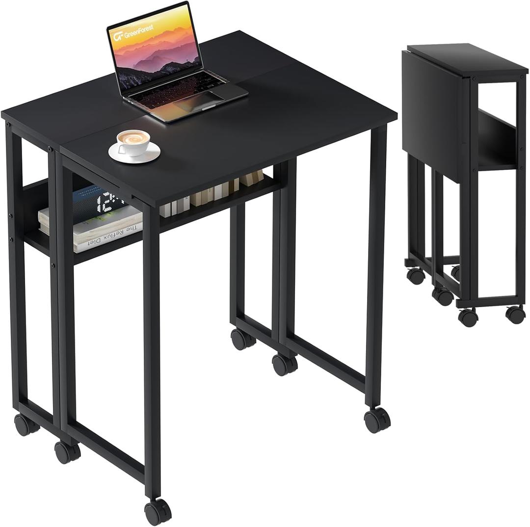 GreenForest Folding Desk Small Rolling Desk with Storage Shelf,24.8 inch Foldable Computer Desk with Wheels for Small Space,Easy Assembly,Black