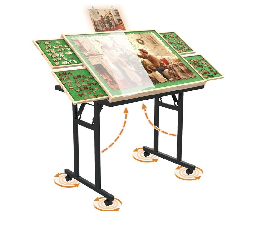 Puzzle Table with Folding Legs, 1500 Pieces Puzzle Table for Adults with Drawers, Cover, Wheels, 5 Adjustable Up Angles Wooden Jigsaw Puzzle Board for All Ages