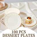 YOUBET 100 Pack Ivory Scalloped Plastic Plates - 6.5 Inch Gold Disposable Plates with Gold Rim - High End Elegant Vintage Dessert Salad Plate for Birthday Parties & Wedding