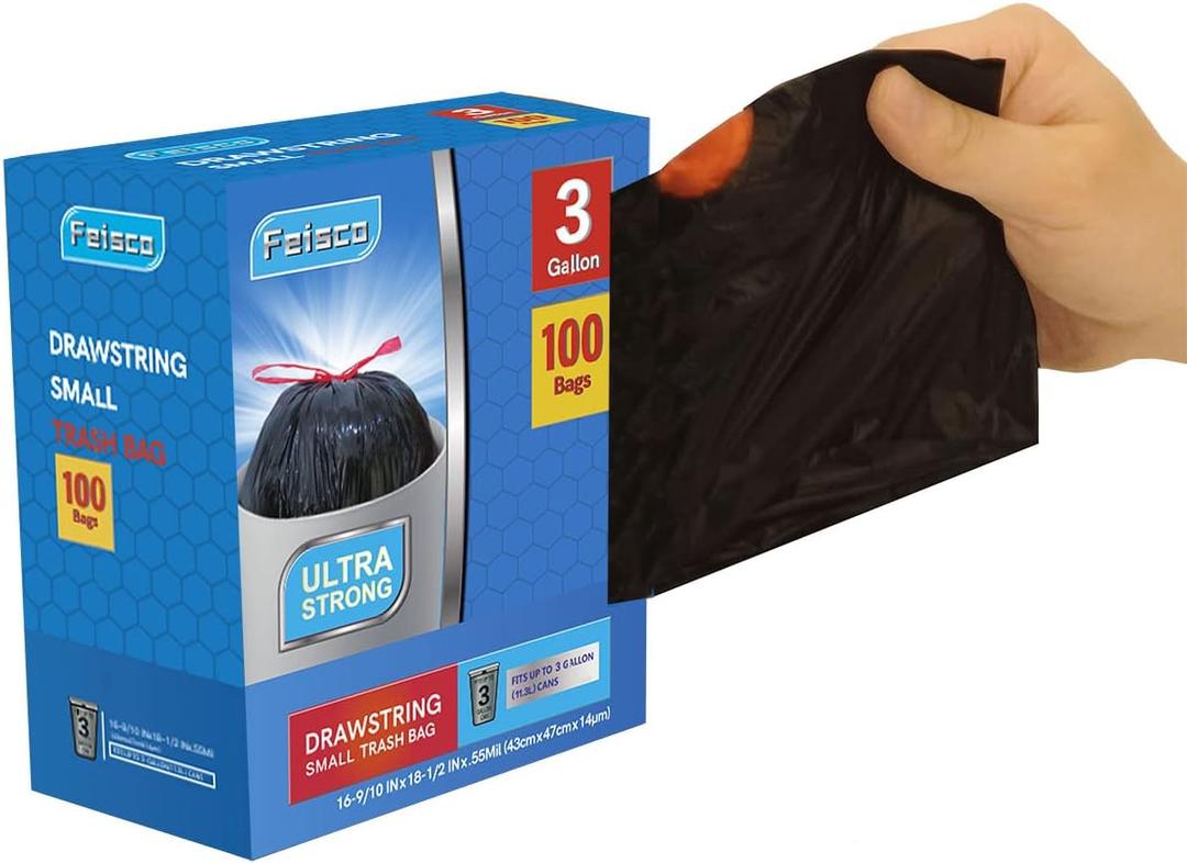 Feisco 3 Gallon Black TrashBag,Small Drawstring Garbage Bag TrashCan Liner,100 Counts,0.55 Mil