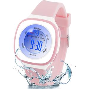 Edillas Kids Digital Watches Girls Boys, 7 Colors Light Waterproof Wrist Watches for Children Sport Outdoor Multifunctional Watches with Stopwatch/Alarm(Pink)