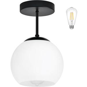 Black Semi Flush Mount Ceiling Light Fixture Milk Glass Light Fixture Mid Century Flush Mount Ceiling Light Black Flush Mount Ceiling Light Schoolhouse Light Fixture for Dining Room(Bulb Incl.) (7"-Opal Black)