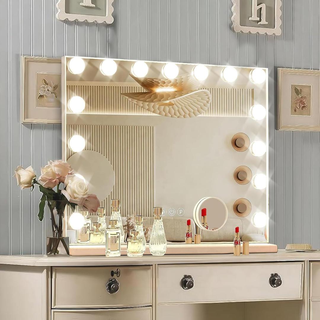 Hollywood Vanity Mirror with Lights, 15 Dimmable Bulbs, 3 Color Lights, Make Up Lighted Mirror, USB Charging Port, Valentines Day Gifts for Her, Gifts for Women Wife Teengirls23" x 18" (White)