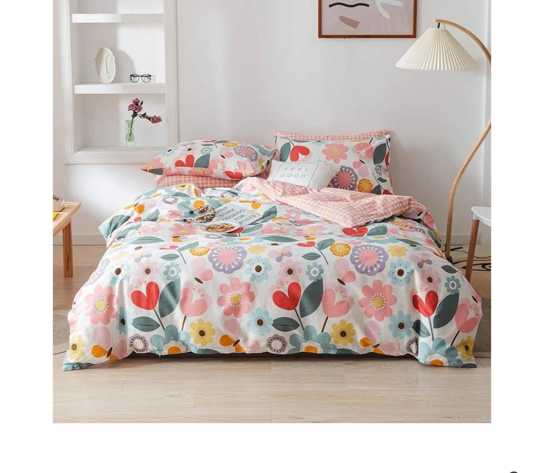 Pink Garden Style Floral Duvet Cover Queen,100% Cotton Soft Breathable Butterfly Flower Pattern Green and Purple Reversible Pink Plaid Bedding Set for Girls Women with Zipper Closure & Corner 4 Ties