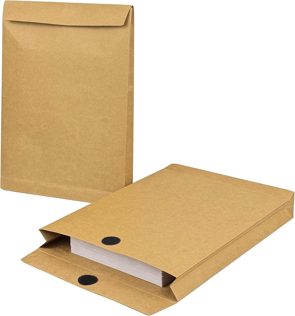 15 Pack Expandable Large Kraft Envelopes, 9.3" x 13" Big Mailing Envelopes Hook-and-Loop Closure Anti Tear Catalog Envelopes for Business Office Paper Documents File Storage - Brown