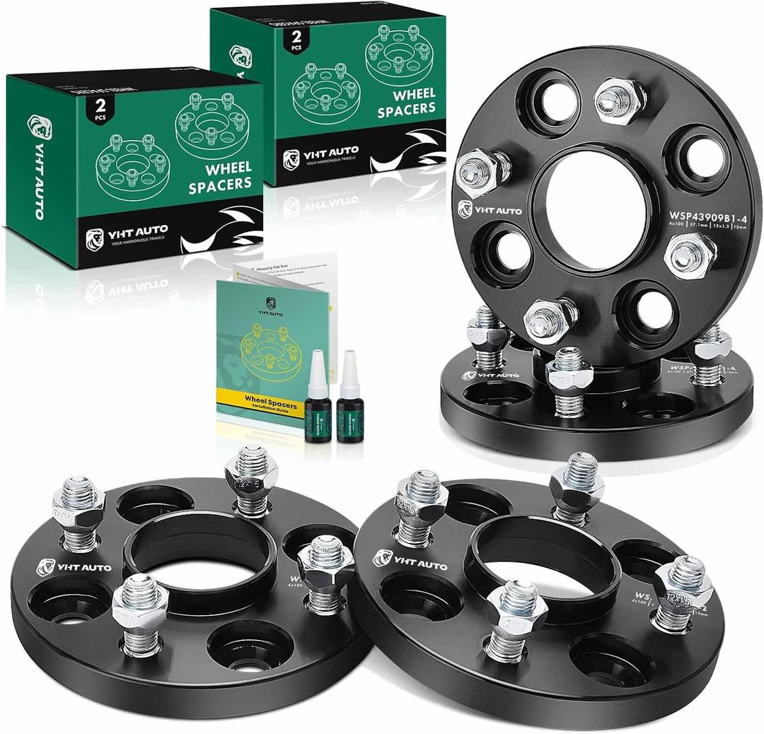 YHTAUTO 4x100mm Hubcentric Wheel Spacers 15mm Fits Dodge Charger, Chevrolet Cobalt, Chrysler, Saturn, Pontiac, Geo Models, Forged Tire Spacers 15mm with M12x1.5 Studs 57.1mm Hub Bore 4Pcs, Black (15mm Thickness)