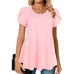 Afibi Womens Summer Crew Neck Loose Dressy Shirts Petal Short Sleeve Tunic Tops L