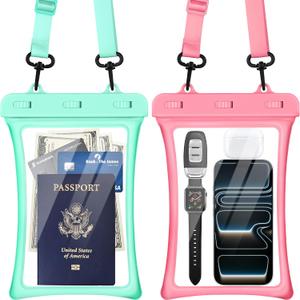CACOE [Floatable Floating Universal IPX8 Waterproof Phone case 2 Pack-Up to 10.0",Adjustable Lanyard Phone Pouch,Cellphone Dry Bags for Vacation Beach Pool Kayak Cruise Travel EssentialsPink+Green