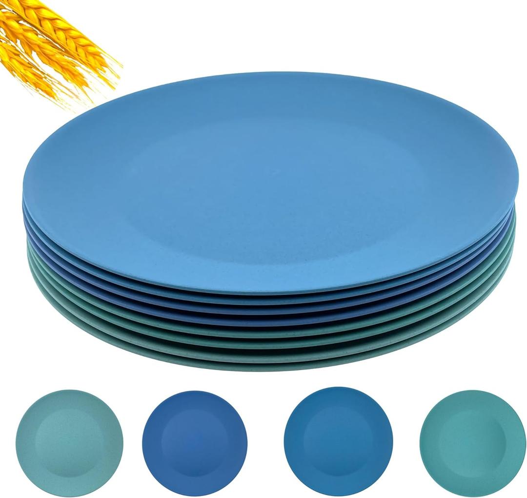 10 inch Wheat Straw Plates, Unbreakable Flat Dinner Plate Set of 8, BPA Free Dishwasher & Microwave Safe Reusable Salad Camping for Kids Kitchen (4 Color) (Blue Green)
