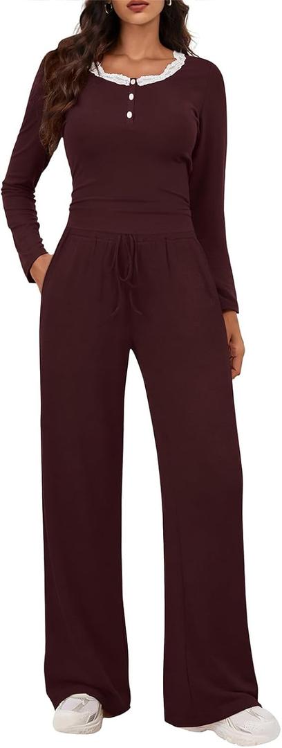 Two Piece Sets for Women Long Sleeve Wide Leg Tracksuits 2 Piece Lounge Sets Winter Casual Sweatsuits Matching Sets (Brown, L)