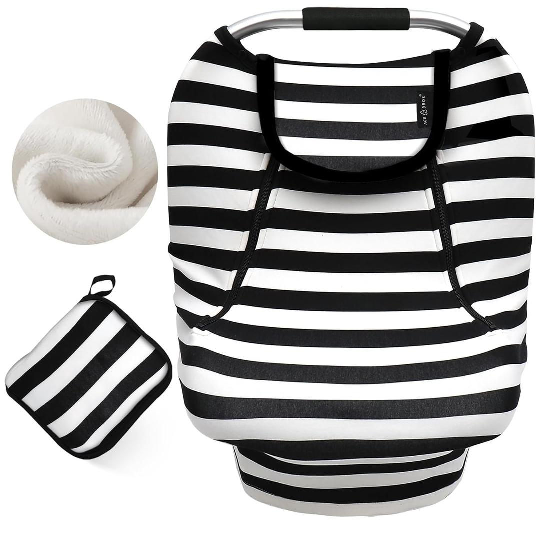 ACRABROS Car Seat Covers for Babies,All Season Infant Carseat Cover Canopy for Boys and Girls,Stretchy Adjustable Peeping Window with Mesh Cover,Warm Breathable Universal,Black White Stripe