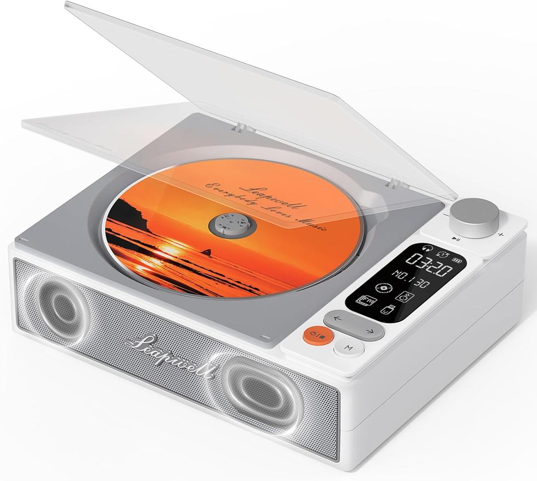 Leapwell CD Player Portable Bluetooth Desktop CD Players for Home with Speakers Rechargeable Small Retro CD Player with LCD Screen Optical USB White