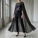 Amiblvowa Women Sheer Floral Lace Ponchos Y2K Mesh Bridal Cape Shawl Wraps Asymmetrical Flowy Evening Party Cover Up Capelet (Black, L)