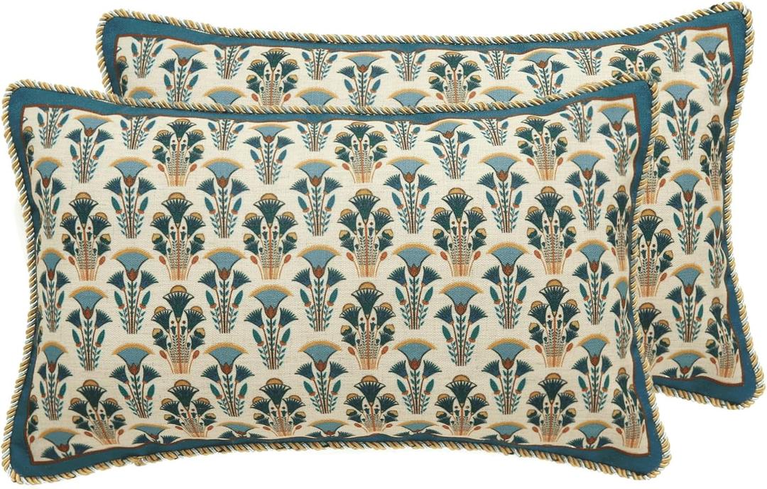 patdrea Designer Rectangle Throw Pillow Covers Set of 2,Rustic Vintage Blue Linen with Floral Pattern Pillow Cover,Decorative Lumbar Pillowcases Cushion for Bed Living Room Outdoor Car,12"x20"