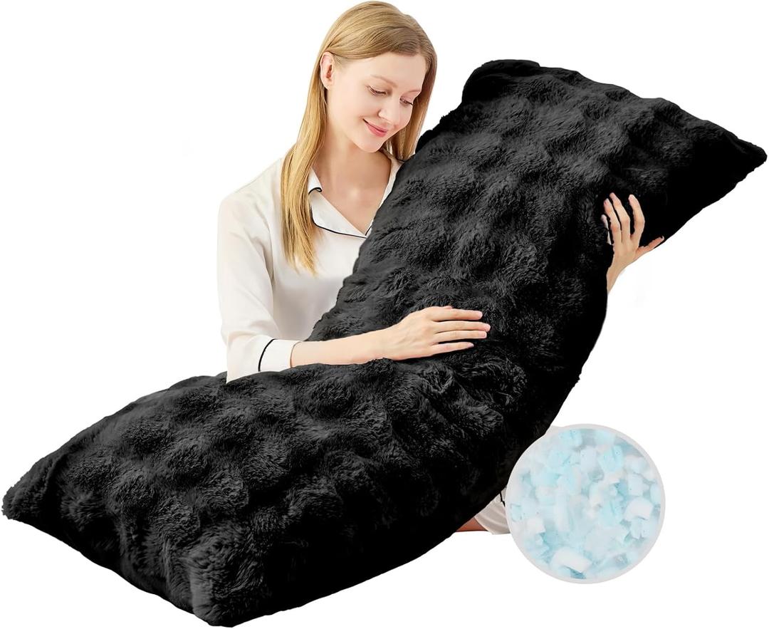 YZ HOME Faux Fur Fluffy Body Pillow for Adults - Firm Body Pillow Insert with Shredded Blue Memory Foam, Adjustable Height, Soft Support for Side Sleeping, Pregnant Women, Washable, 20x54 Inch (Black)