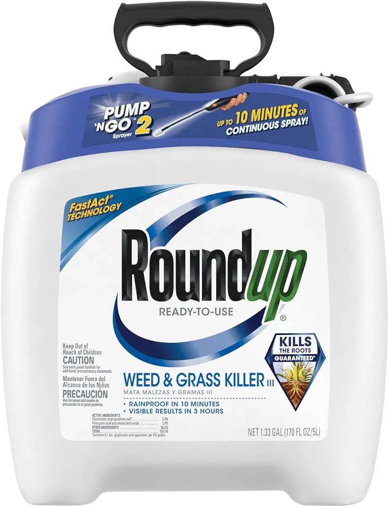 Roundup Ready-to-Use Weed & Grass Killer III - with Pump 'N Go 2 Sprayer, Use in & Around Vegetable Gardens, Tree Rings, Flower Beds, Patios & More, Kills to The Root, 1.33 gal.