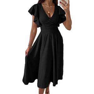 PRETTYGARDEN Summer Midi Dress 2026 Spring Ruffle Sleeve V Neck Cocktail Wedding Guest A Line Fit and Flared Dresses, Large