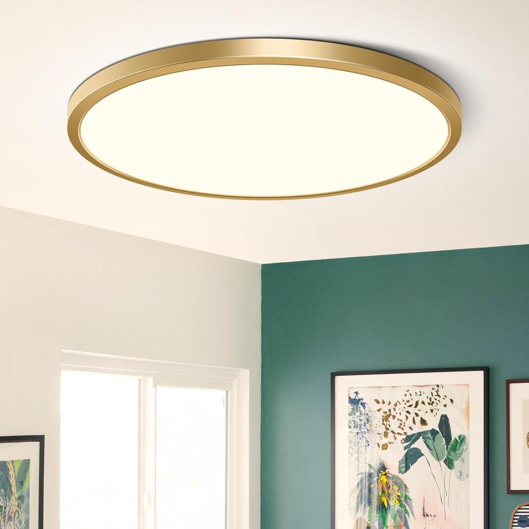 15.7Inch Gold Flush Mount Ceiling Light Fixture , 32W(320W Equivalent), 3800LM, 4000K Natural White, IP40, Flat Modern Round LED Ceiling Lights for Bedrooms, Living Rooms, Bathrooms, Stairwells, etc.