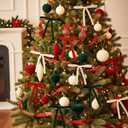 29 Pcs Velvet Christmas Ornament, 13 Pcs 4.7'' 3.1'' Flocked Christmas Tree Hanging Balls 15 Velvet Vintage Ribbon Bows and 1 Roll 2'' x 5 Yards Velvets Ribbon Red Green White Xmas Tree Decorations