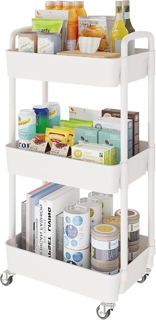 Laiensia 3-Tier Rolling Cart with Wheels, Multifunction Utility Storage Carts, Kitchen Storage Organizer, Mobile Shelving Unit for Bathroom, Laundry, with Classified Stickers, White