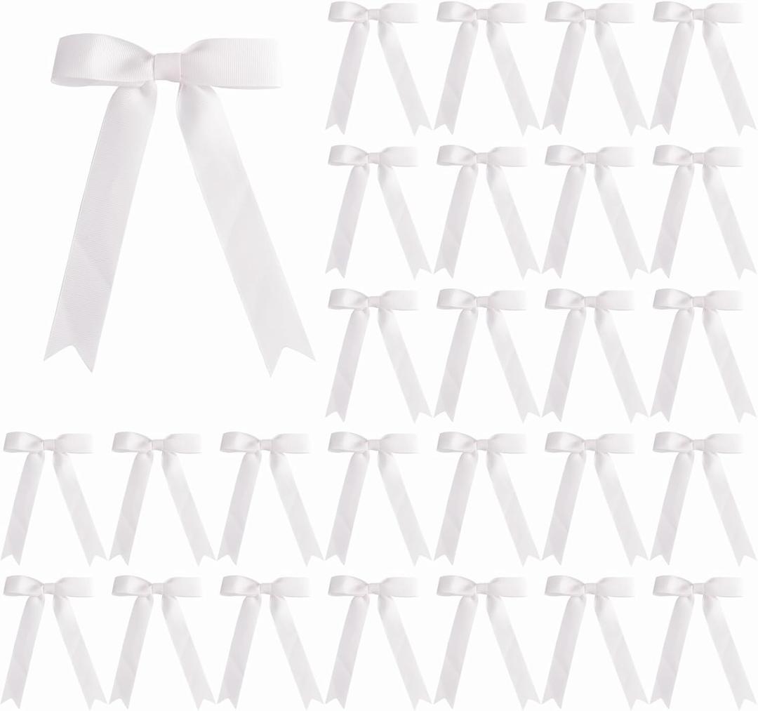 30 Pcs 5 x 7 Inch White Grosgrain Ribbon Bows with Twist Tie Gift Bows for Gift Wrapping, Crafts, Parties (White,Width of 1")