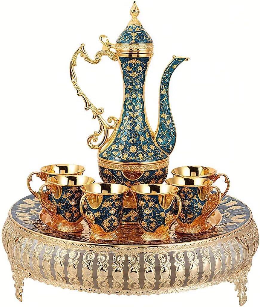 Turkish Tea Set Vintage Coffee Pot with Shiny Crystal Tray and 6 Cups for Home Party Table Decor Blue