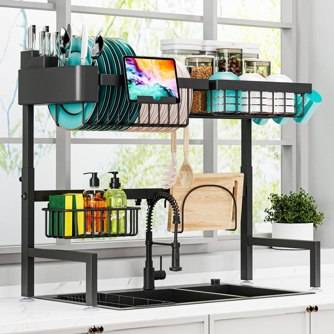 Over The Sink Dish Drying Rack (Expandable Height and Length) Snap-On Design 2 Tier Large Dish Rack (23" - 34" L x 11" W x 19" - 21.5" H)