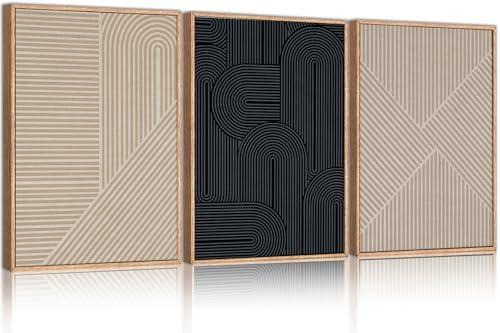 LHIUEM Large Neutral Minimalist Line Framed Canvas Wall Art Set, Boho Black and Beige Wall Decor, Abstract Geometric Modern Art Painting Painting for Living Room, Bedroom, Dining Room, Office -16"x24"x3