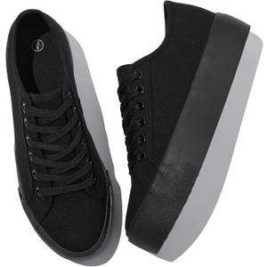 Waluzs Platform Sneakers for Women Low Top Platform Shoes Lace Up Womens Canvas Shoes Breathable White Tennis Shoes (8, Full Black)