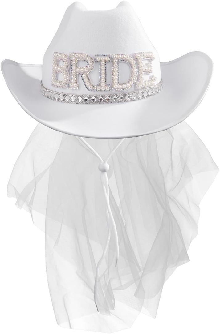 MGupzao Cowboy Hat with Veil Bachelorette Party, White Cowgirl Hat Wedding, Bridal Shower Decoration, Bride to be Gift