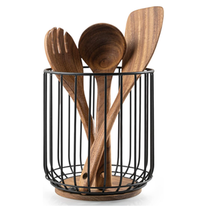 Kitchen Utensil Holder, Large Wire Utensil Holder for Kitchen Counter (W6.2” x H7.5”) with Acacia Base