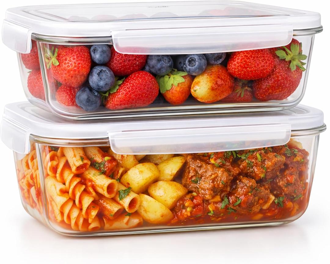Levietti 2-Pack Borosilicate Glass Food Storage Containers with Lids 35oz (1040 ml)  Airtight Leakproof Meal Prep Containers, BPA-Free Snap Lock Lids, Oven Microwave Freezer Dishwasher Safe