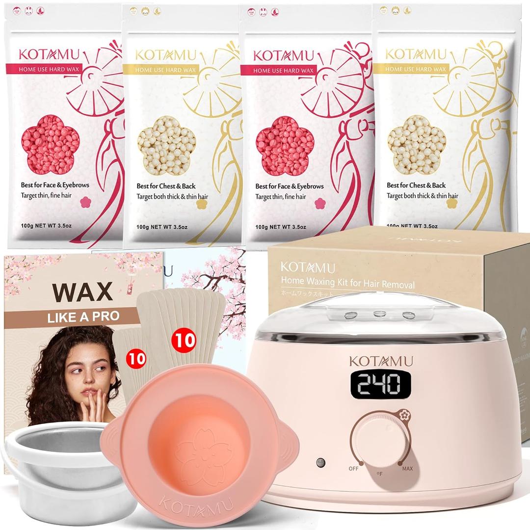 KOTAMU Wax Kit Pink Digital Hair Removal Waxing Kit for Women & Men Hot Wax Warmer Pot for Face, Eyebrow, Body, Brazilian, Bikini, Sensitive Skin Waxing Machine with 25 Accessories for Home Salon (3.5 Ounce (Pack of 4), Blush 01)