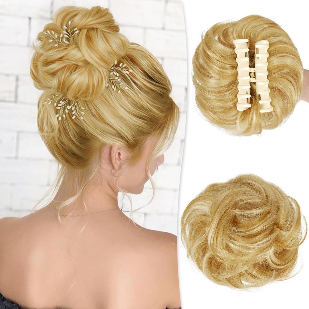 RUWISS Claw Clip Messy Bun Hair Piece Real Human Hair Buns Curly Chignon Hair Bun Extensions Wavy Tousled Updo Hair Buns Claw Clip Ponytail Hairpieces Hair ScrunchieGolden Blonde Mixed Bleach Blond