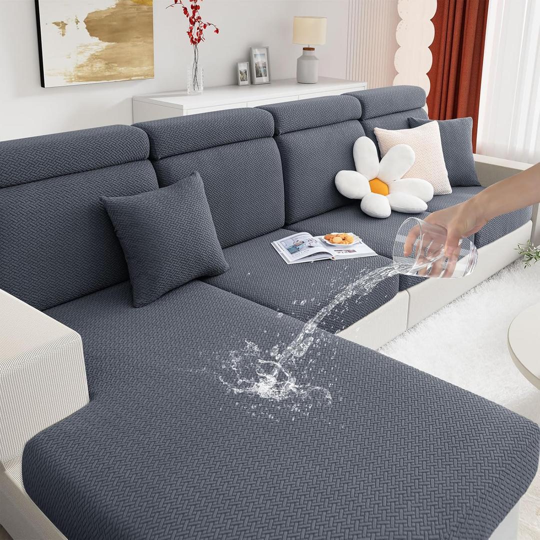 hyha Waterproof Sectional Couch Cushion Covers, Wear Resistant Sofa Slipcovers Washable, Anti Slip L Shape Couch Covers for Sectional Sofa, Furniture Protector for Pets (1 Piece Chaise, Grey)