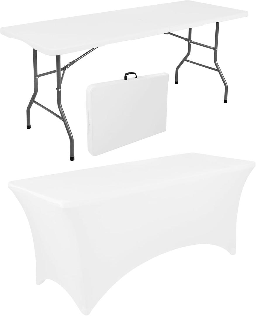1 Set 6 FT Rectangle Folding Table with Carrying Handle, Lightweight Fold-in-Half Utility Table, with Matching White Stretch Spandex Covers, Ideal for Weddings, Parties, Camping, Banquets, Crafts