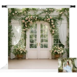 Kate Spring Photography Backdrops Floral Photo Backgrounds Arch Window French Door White Curtains Backdrop, 10x10ft